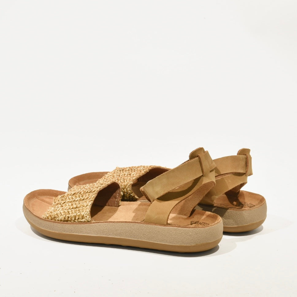 Fantasy sandals 100% Genuine Leather Greek Sandal for Women in Straw Camel Crocheted