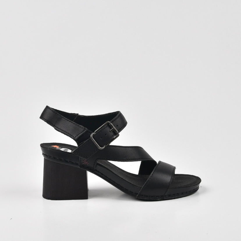 Art Spanish Strap Medium Heel Sandal for Women in Nappa Black.