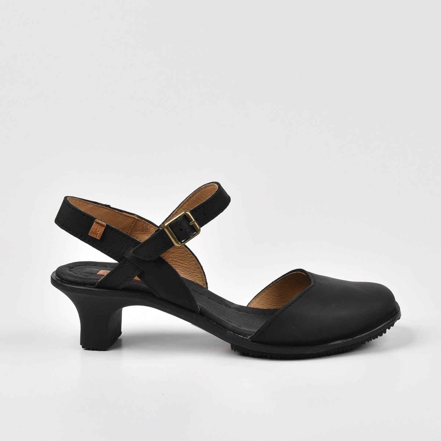 Art Spanish Strap Medium Heel Sandal for Women in Pleasant Black.