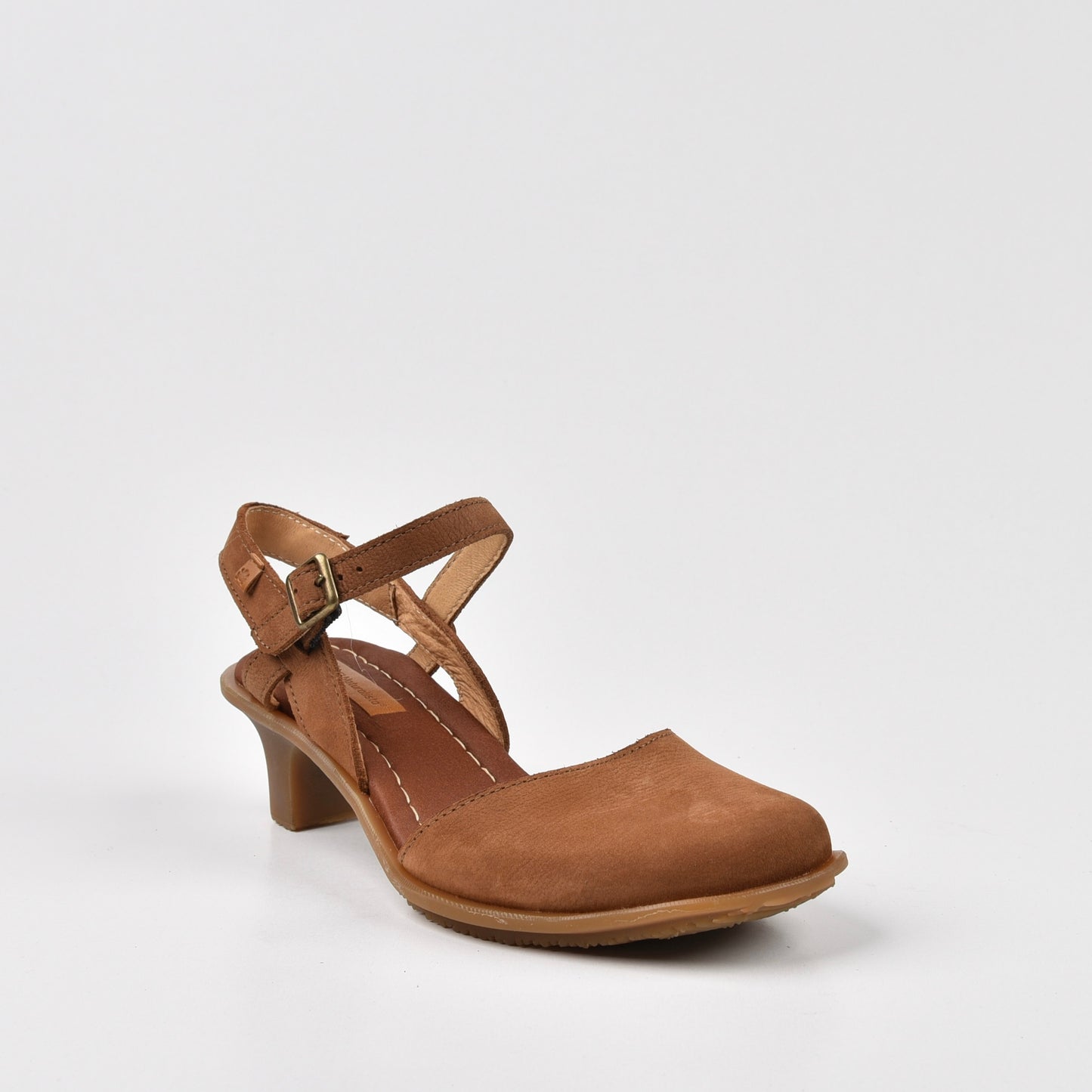 Art Spanish Strap Medium Heel Sandal for Women in Camel.