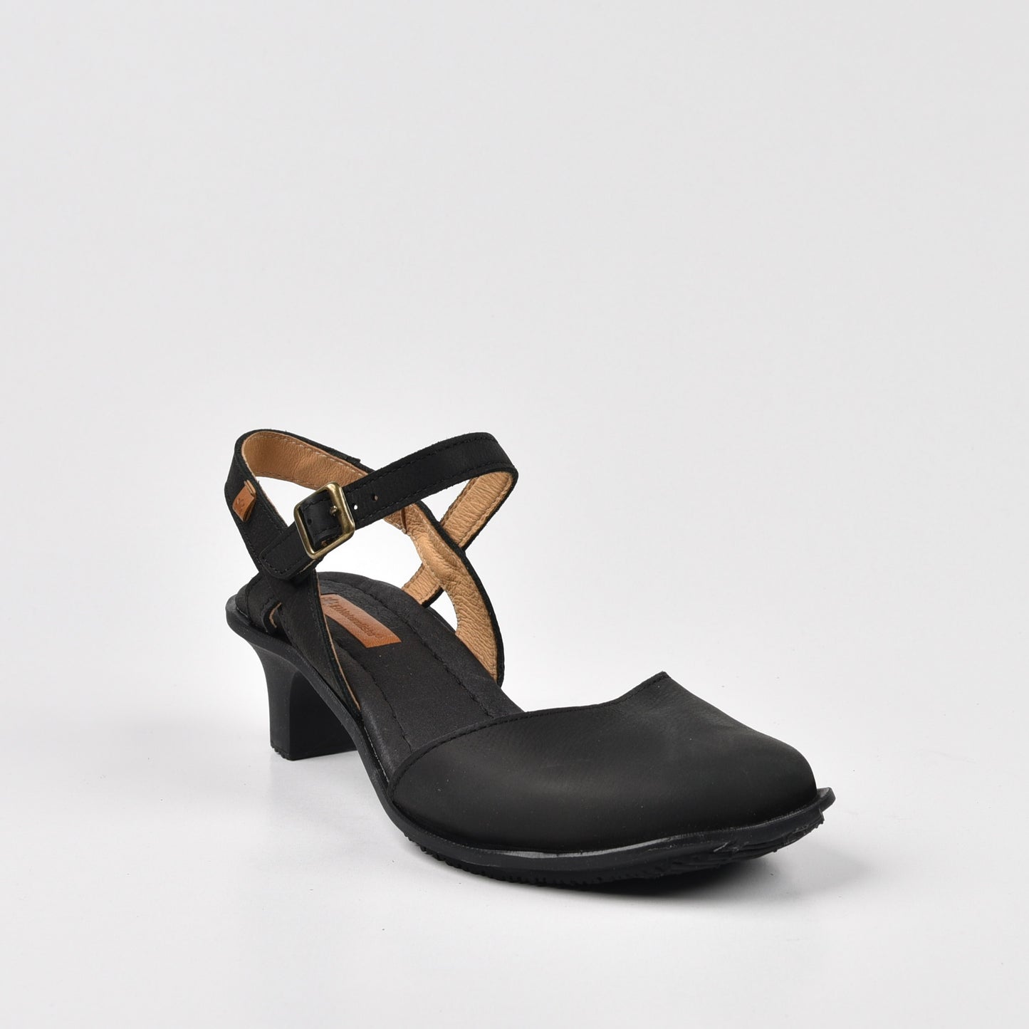 Art Spanish Strap Medium Heel Sandal for Women in Pleasant Black.