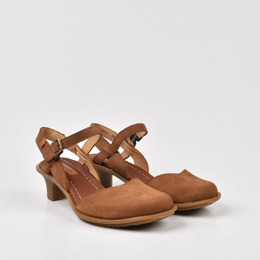 Art Spanish Strap Medium Heel Sandal for Women in Camel.