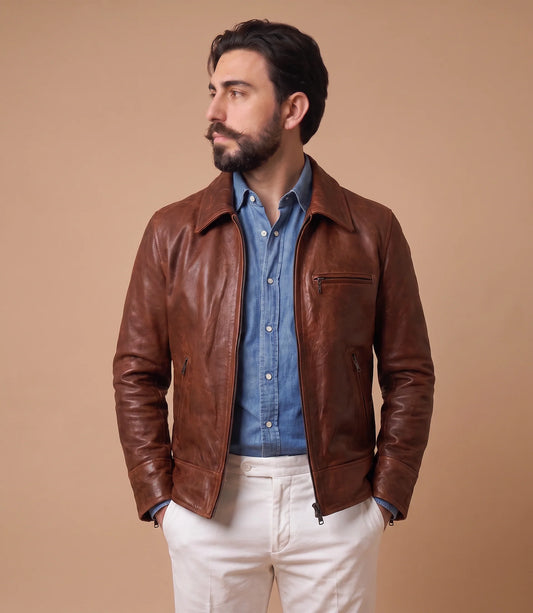 Shalapi italian leather Jacket for men  made in Napoli in light brown