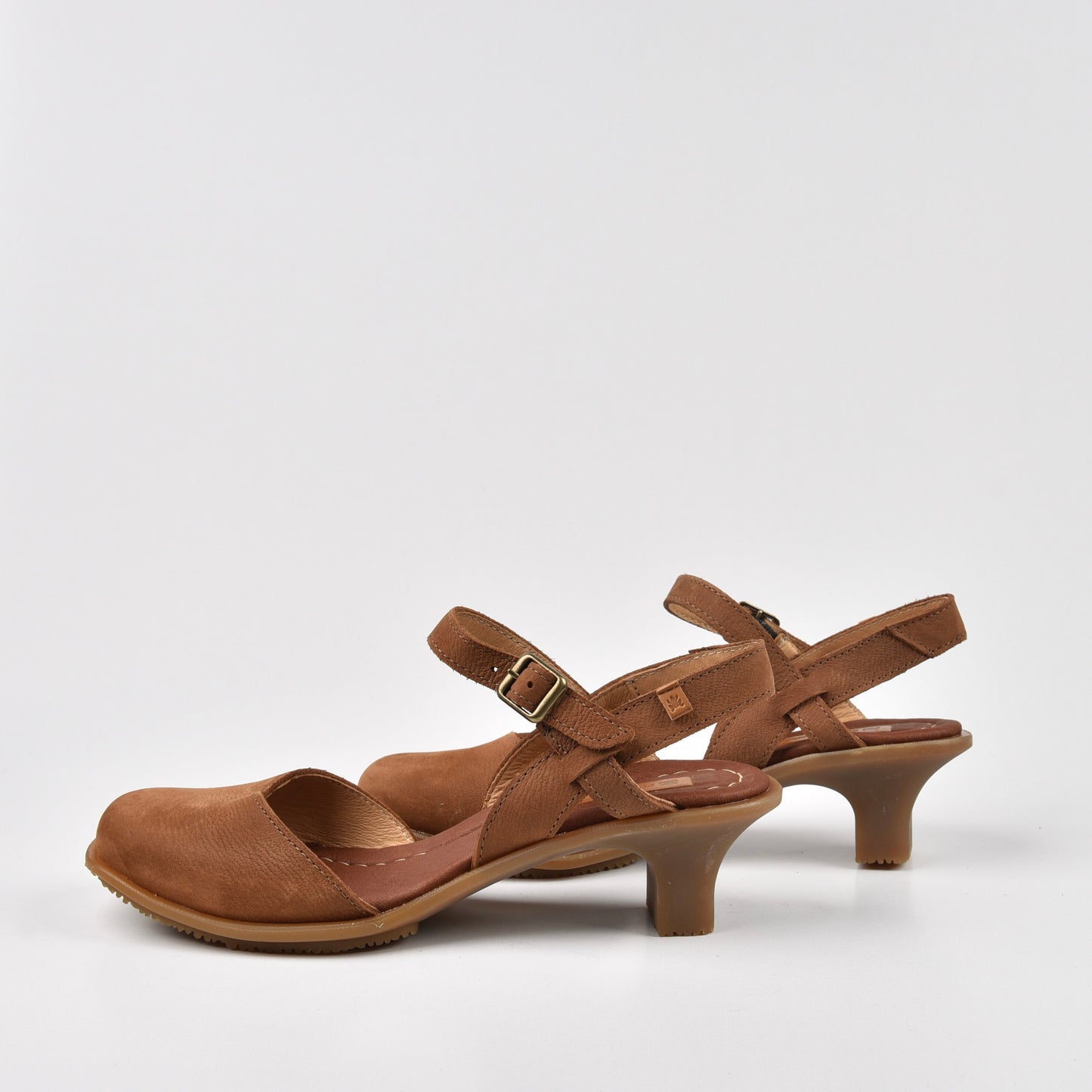 Art Spanish Strap Medium Heel Sandal for Women in Camel.